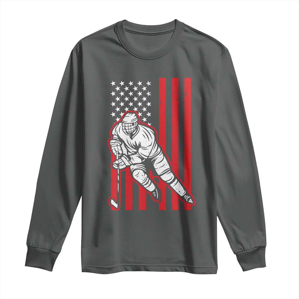 Patriotic American Flag Ice Hockey Player Long Sleeve Shirt Stars And Stripes Sports Graphic TS02 Dark Heather Print Your Wear
