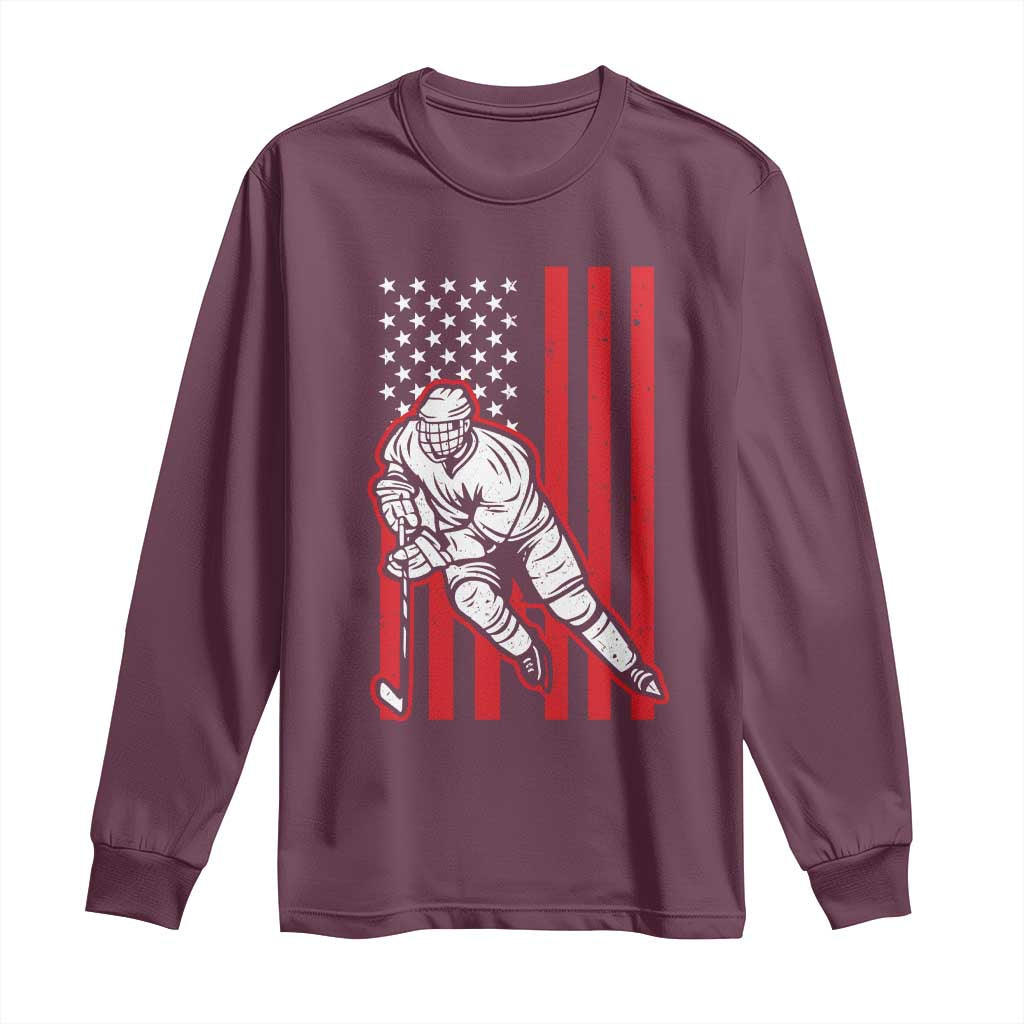 Patriotic American Flag Ice Hockey Player Long Sleeve Shirt Stars And Stripes Sports Graphic TS02 Maroon Print Your Wear