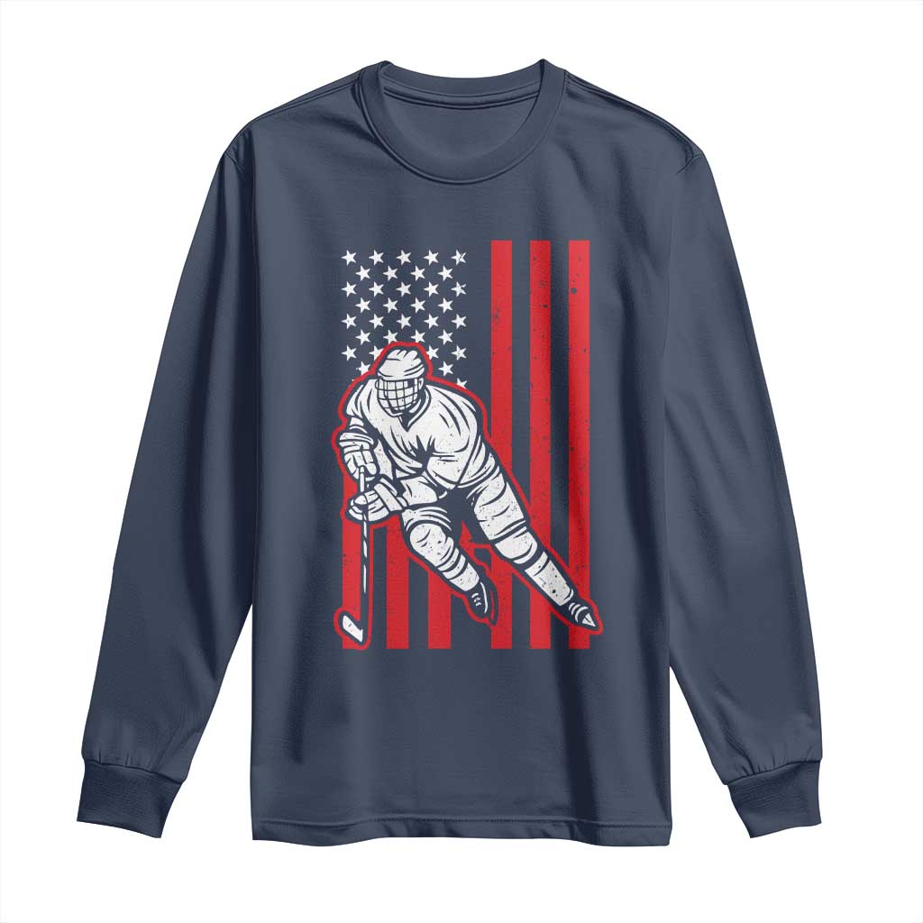 Patriotic American Flag Ice Hockey Player Long Sleeve Shirt Stars And Stripes Sports Graphic TS02 Navy Print Your Wear