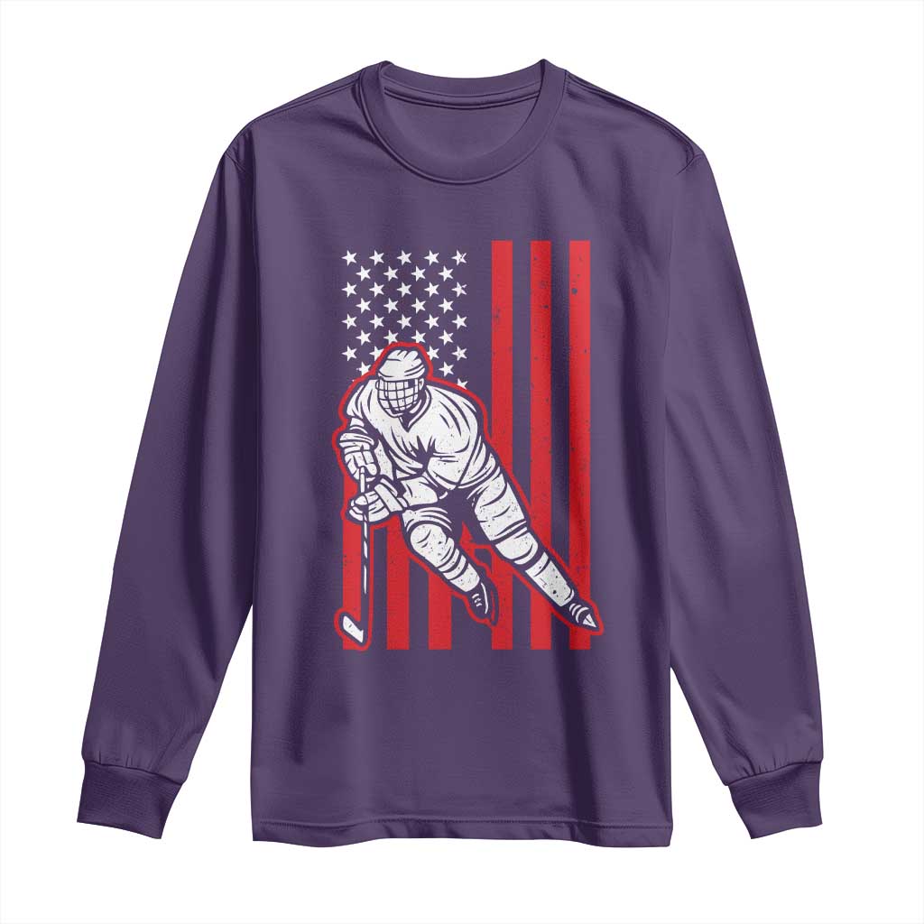 Patriotic American Flag Ice Hockey Player Long Sleeve Shirt Stars And Stripes Sports Graphic TS02 Purple Print Your Wear