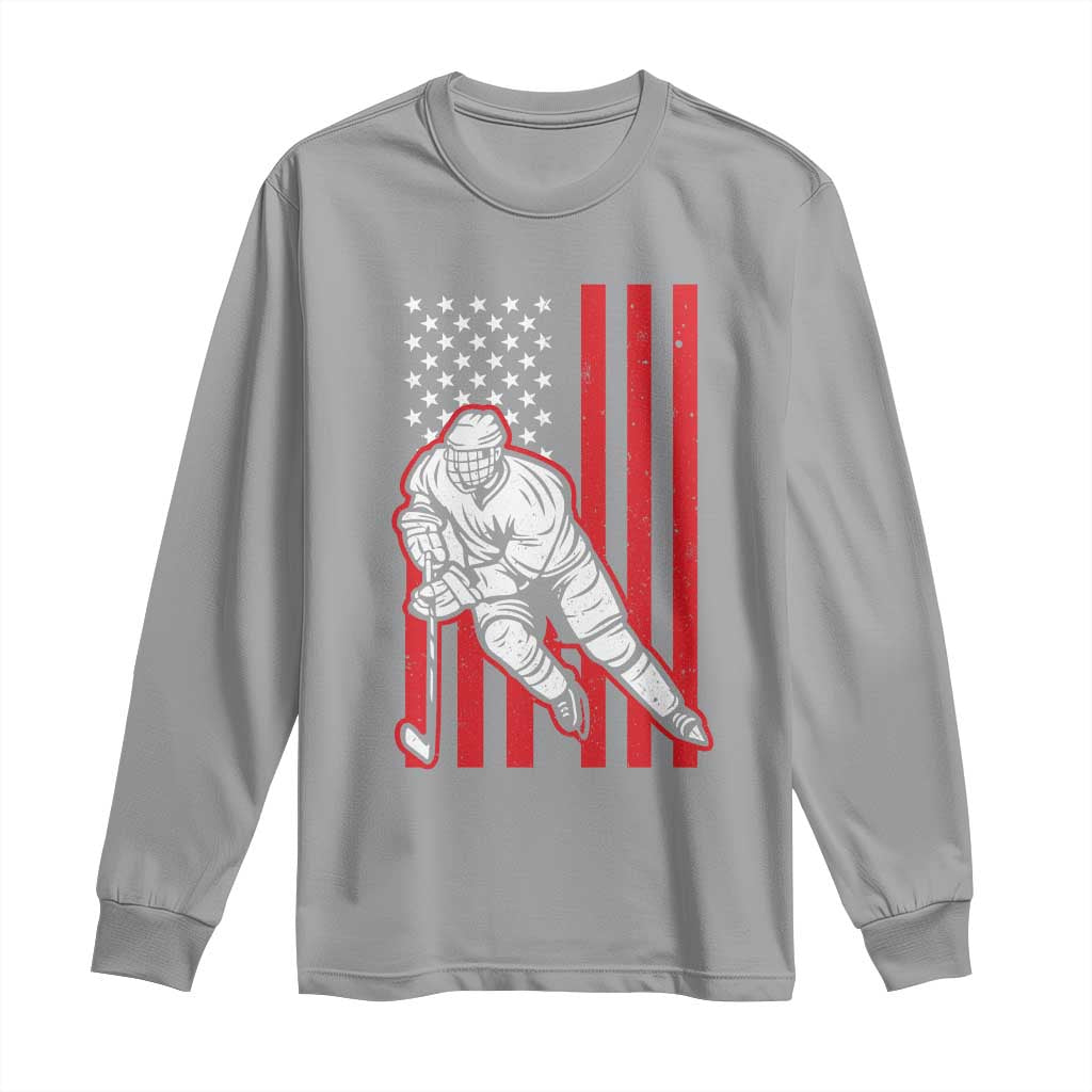 Patriotic American Flag Ice Hockey Player Long Sleeve Shirt Stars And Stripes Sports Graphic TS02 Sport Gray Print Your Wear