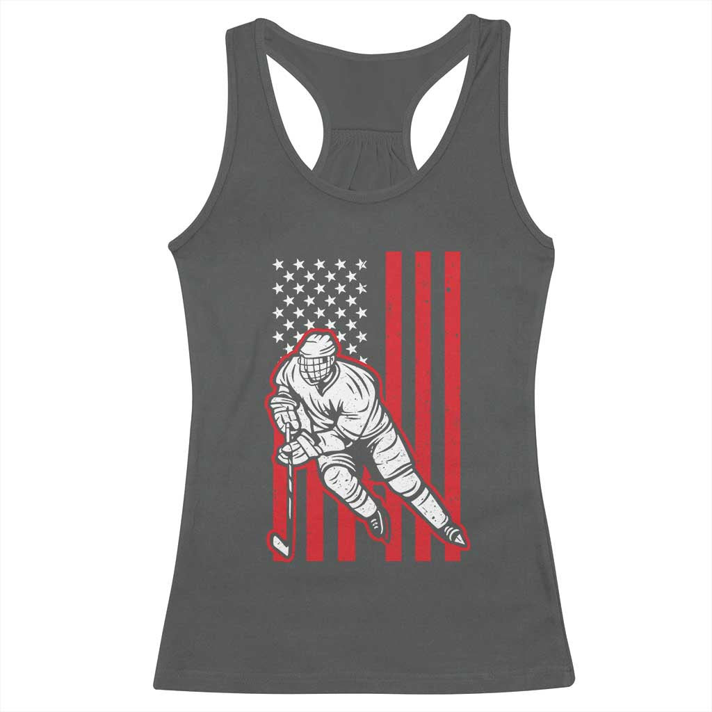 Patriotic American Flag Ice Hockey Player Racerback Tank Top Stars And Stripes Sports Graphic TS02 Dark Heather Print Your Wear