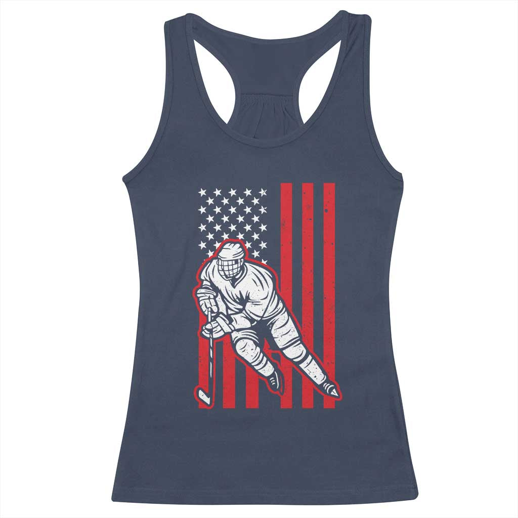 Patriotic American Flag Ice Hockey Player Racerback Tank Top Stars And Stripes Sports Graphic TS02 Navy Print Your Wear