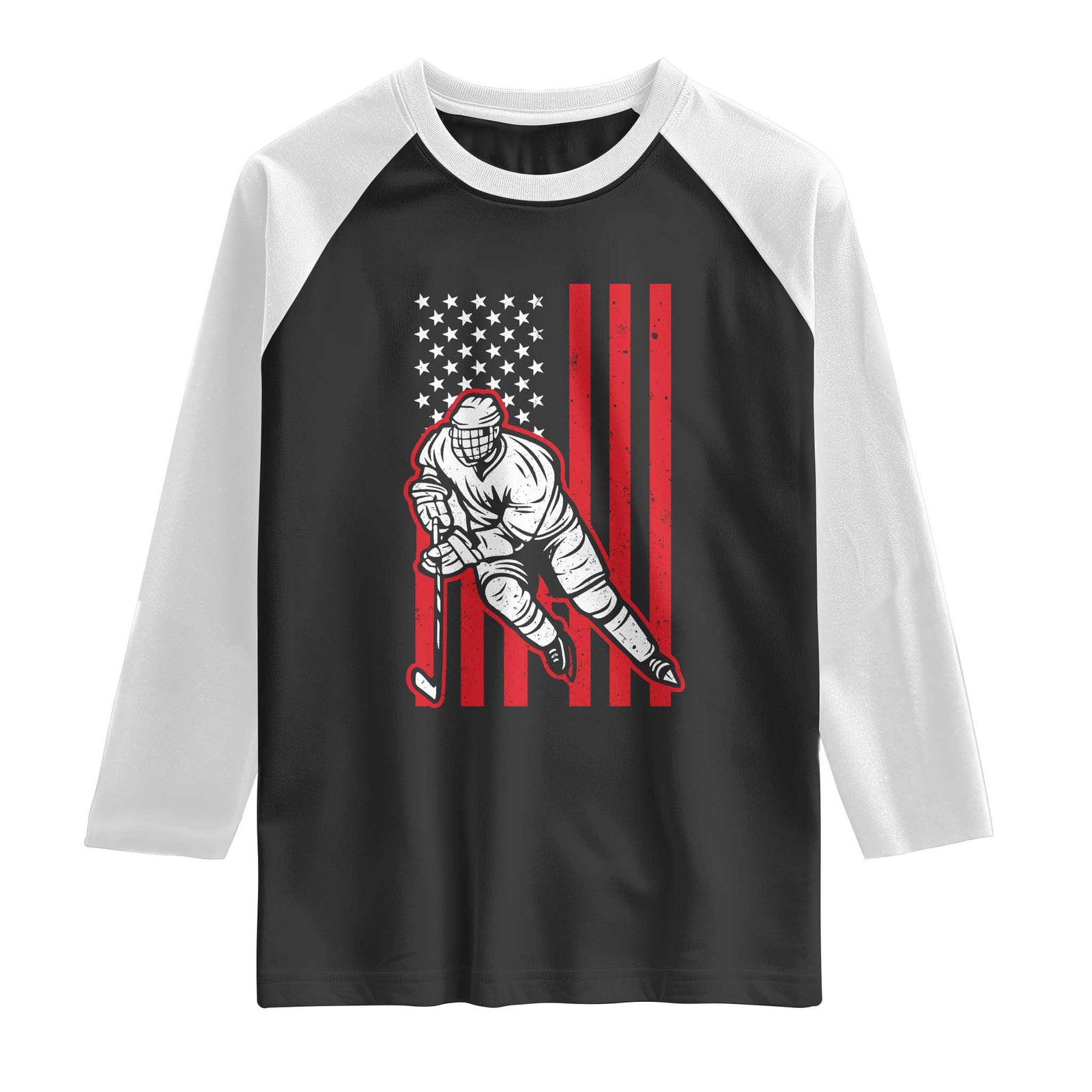 Patriotic American Flag Ice Hockey Player Raglan Shirt Stars And Stripes Sports Graphic TS02 Black White Print Your Wear