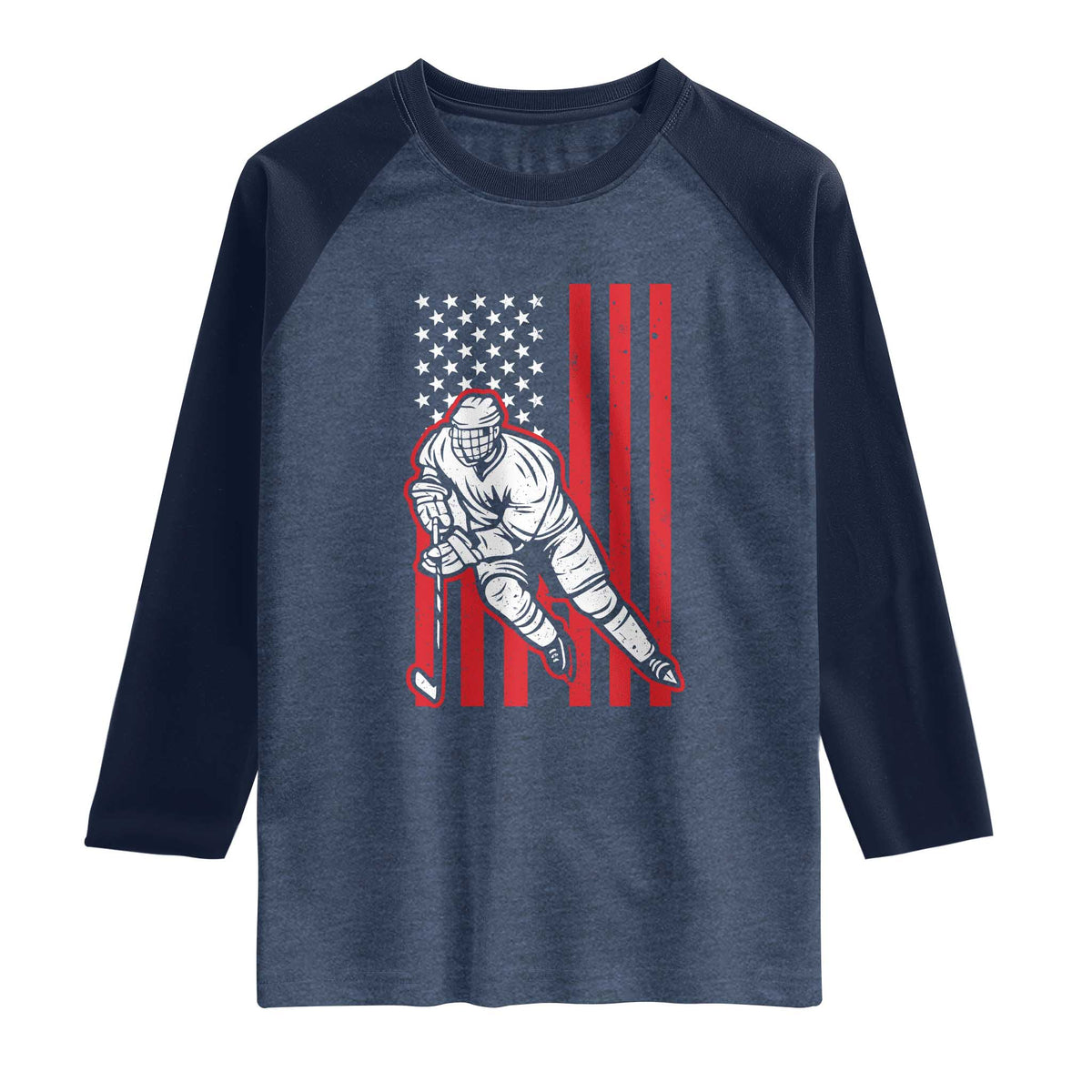 Patriotic American Flag Ice Hockey Player Raglan Shirt Stars And Stripes Sports Graphic TS02 Heather Denim Navy Print Your Wear