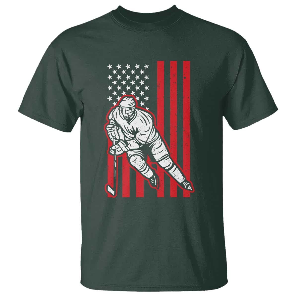 Patriotic American Flag Ice Hockey Player T Shirt Stars And Stripes Sports Graphic TS02 Dark Forest Green Print Your Wear