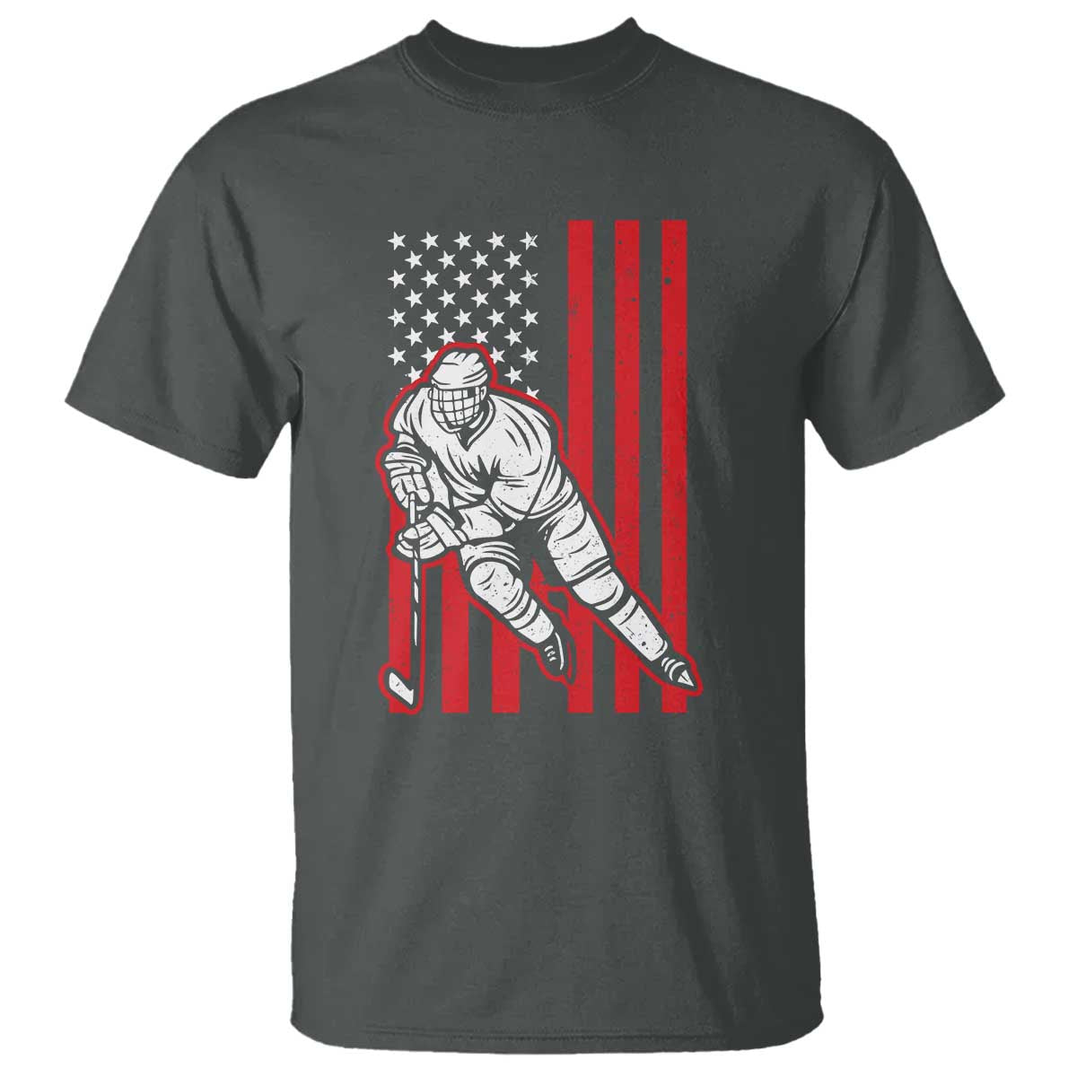 Patriotic American Flag Ice Hockey Player T Shirt Stars And Stripes Sports Graphic TS02 Dark Heather Print Your Wear