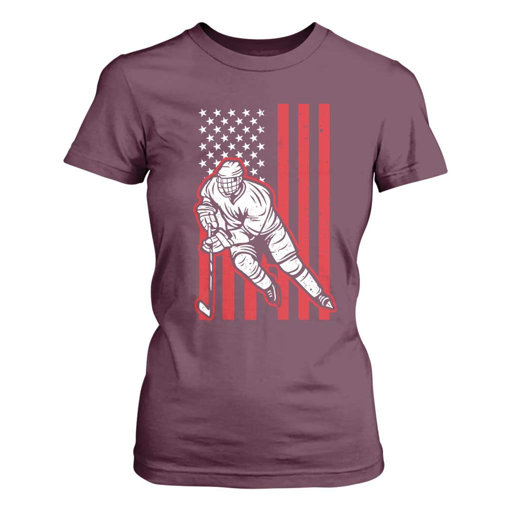 Patriotic American Flag Ice Hockey Player T Shirt For Women Stars And Stripes Sports Graphic TS02 Maroon Print Your Wear