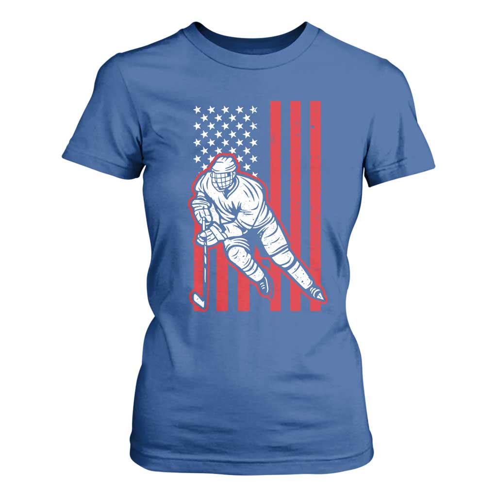 Patriotic American Flag Ice Hockey Player T Shirt For Women Stars And Stripes Sports Graphic TS02 Royal Blue Print Your Wear
