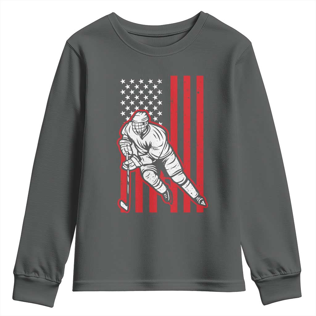 Patriotic American Flag Ice Hockey Player Youth Sweatshirt Stars And Stripes Sports Graphic TS02 Dark Heather Print Your Wear