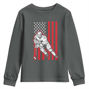 Patriotic American Flag Ice Hockey Player Youth Sweatshirt Stars And Stripes Sports Graphic TS02 Dark Heather Print Your Wear