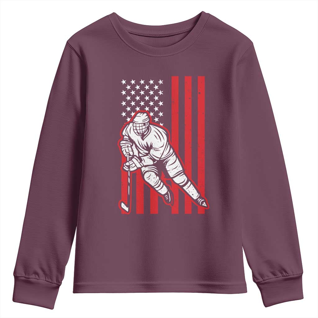 Patriotic American Flag Ice Hockey Player Youth Sweatshirt Stars And Stripes Sports Graphic TS02 Maroon Print Your Wear