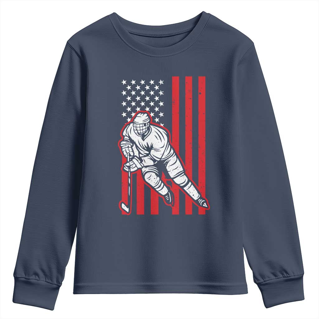Patriotic American Flag Ice Hockey Player Youth Sweatshirt Stars And Stripes Sports Graphic TS02 Navy Print Your Wear