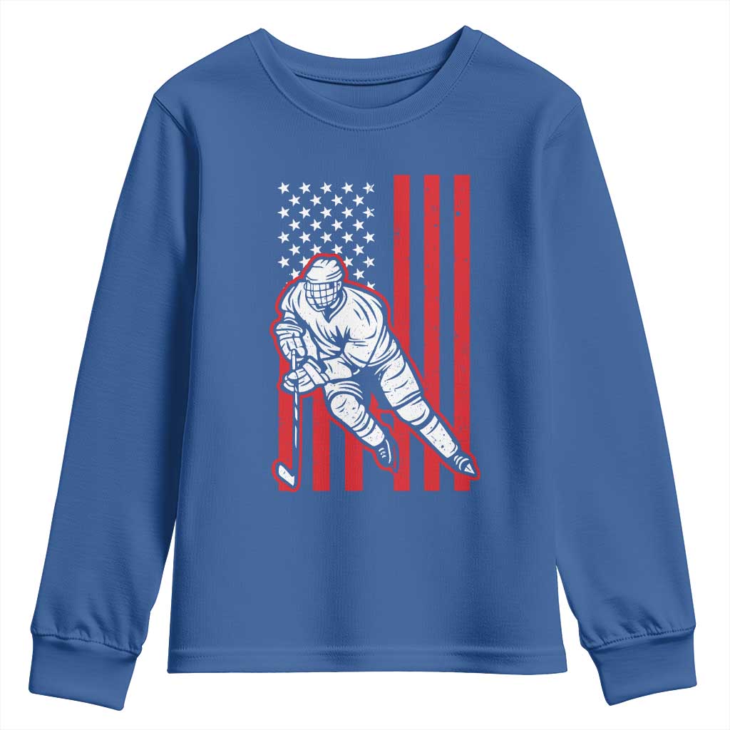Patriotic American Flag Ice Hockey Player Youth Sweatshirt Stars And Stripes Sports Graphic TS02 Royal Blue Print Your Wear