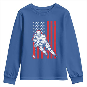 Patriotic American Flag Ice Hockey Player Youth Sweatshirt Stars And Stripes Sports Graphic TS02 Royal Blue Print Your Wear