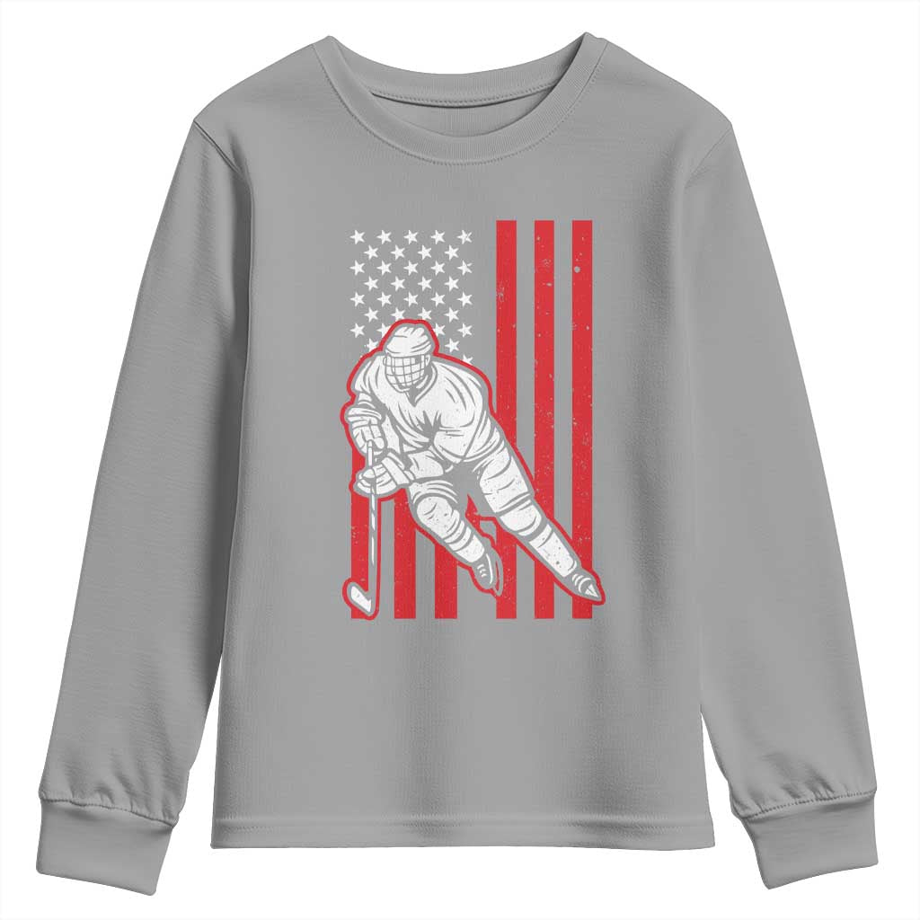Patriotic American Flag Ice Hockey Player Youth Sweatshirt Stars And Stripes Sports Graphic TS02 Sport Gray Print Your Wear