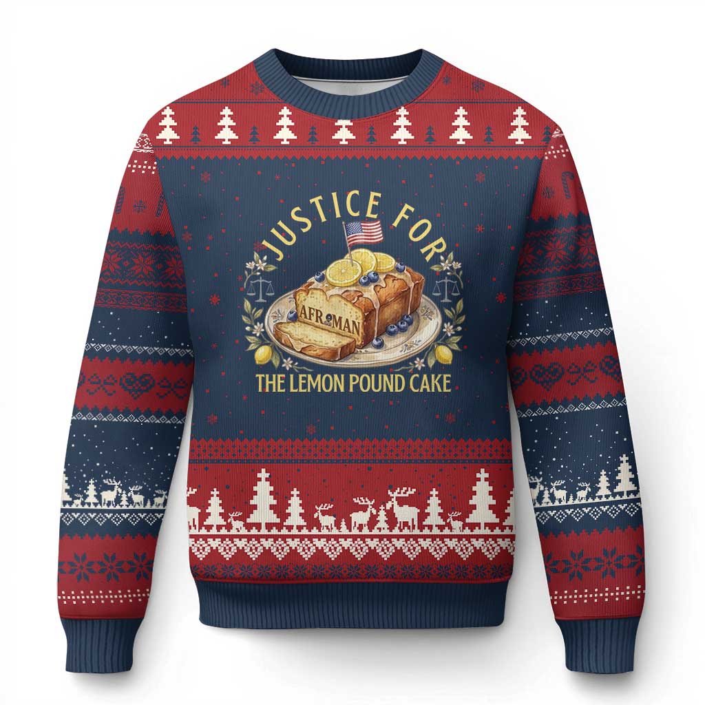 Justice for the Lemon Pound Cake Vintage Ugly Christmas Sweater Funny Viral Meme Dessert Parody Rap Fans TS02 Navy Red Print Your Wear