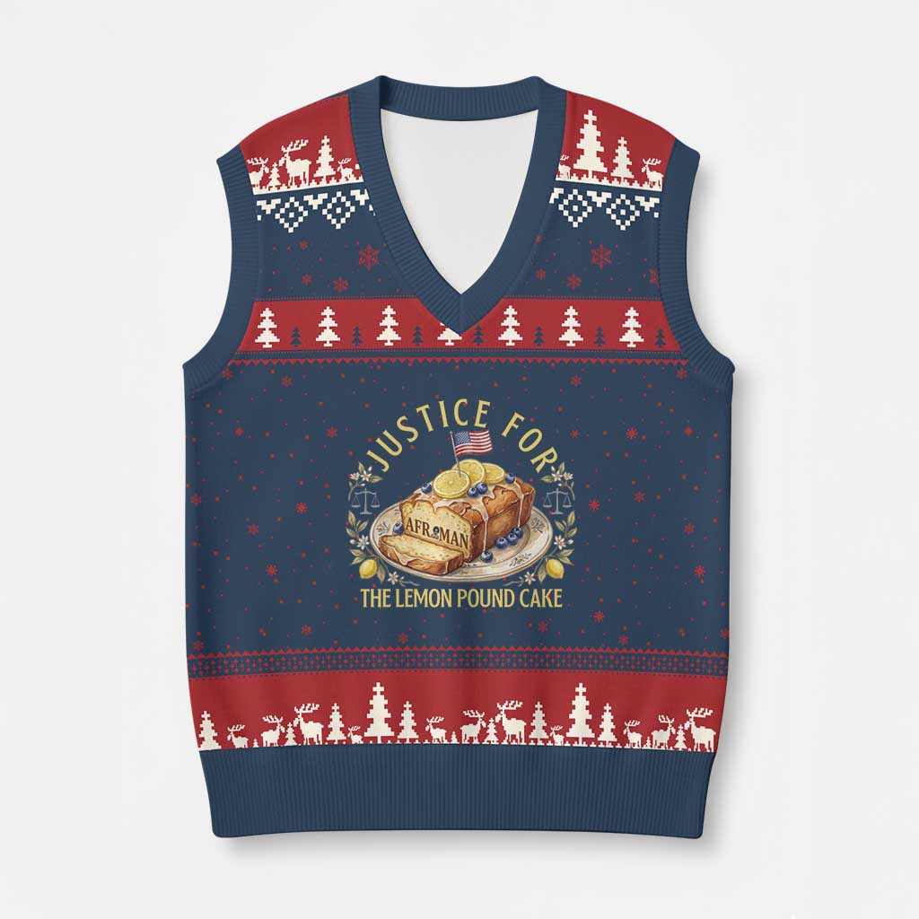Justice for the Lemon Pound Cake Vintage V-Neck Knit Sweater Vest Funny Viral Meme Dessert Parody Rap Fans TS02 Navy Red Print Your Wear