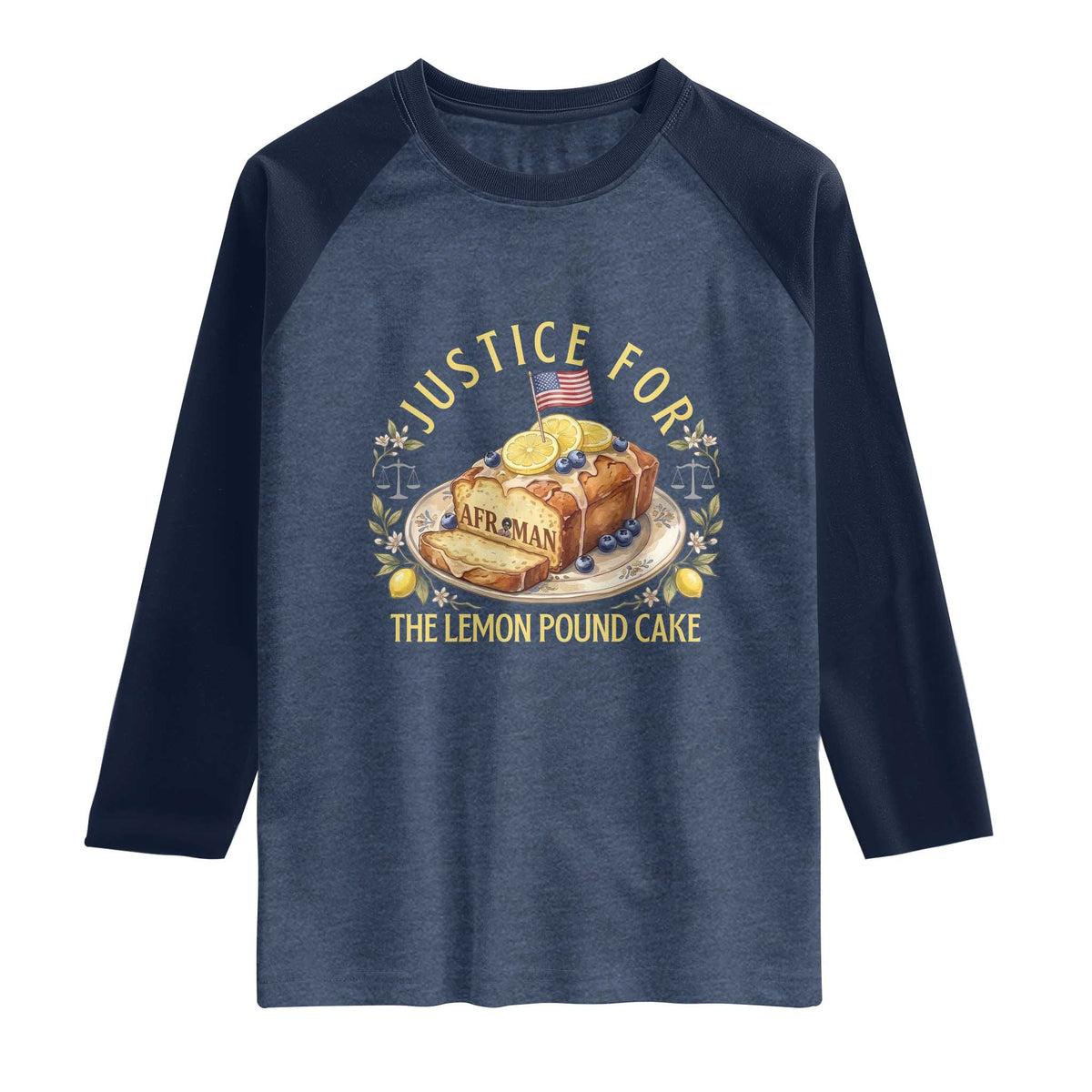 Justice for the Lemon Pound Cake Vintage Raglan Shirt Funny Viral Meme Dessert Parody Rap Fans TS02 Heather Denim Navy Print Your Wear