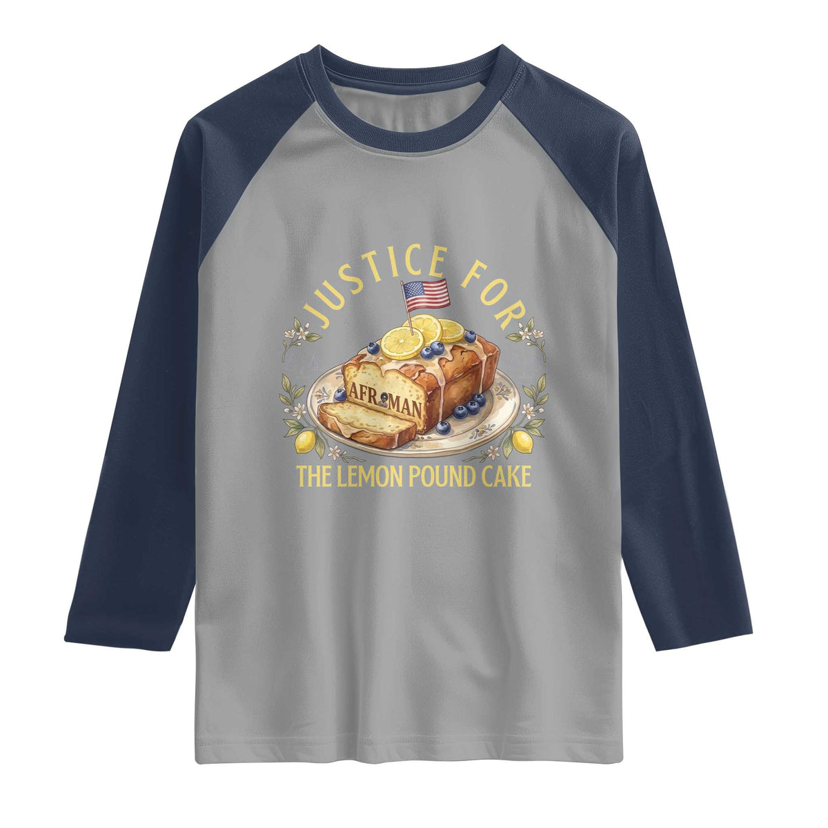 Justice for the Lemon Pound Cake Vintage Raglan Shirt Funny Viral Meme Dessert Parody Rap Fans TS02 Sport Gray Navy Print Your Wear