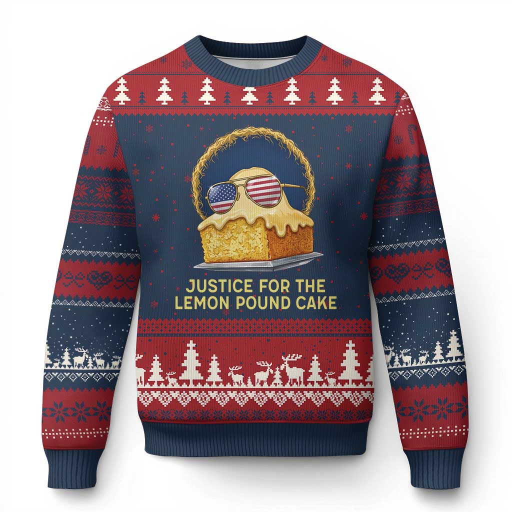 Justice for the Lemon Pound Cake Ugly Christmas Sweater Viral Meme Dessert Parody Retro Hip Hop Vibe TS02 Navy Red Print Your Wear