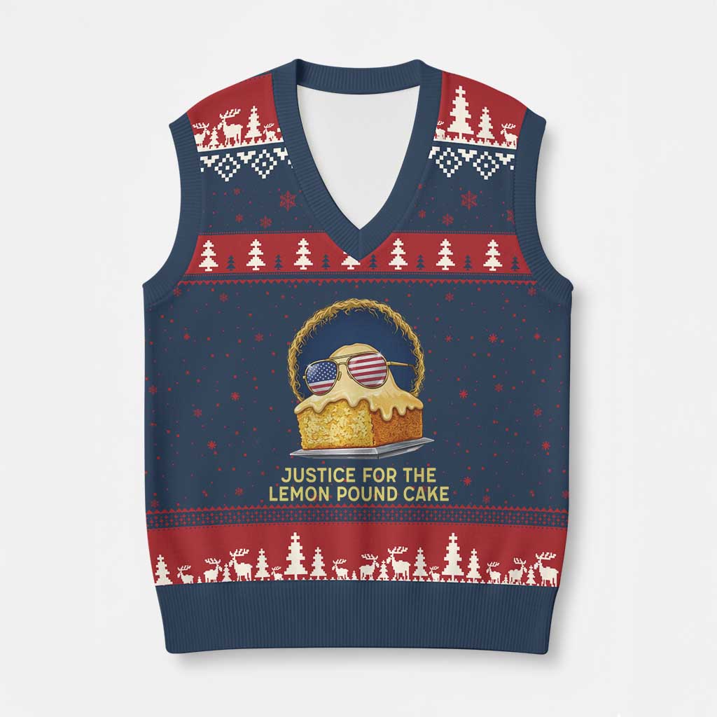 Justice for the Lemon Pound Cake V-Neck Knit Sweater Vest Viral Meme Dessert Parody Retro Hip Hop Vibe TS02 Navy Red Print Your Wear