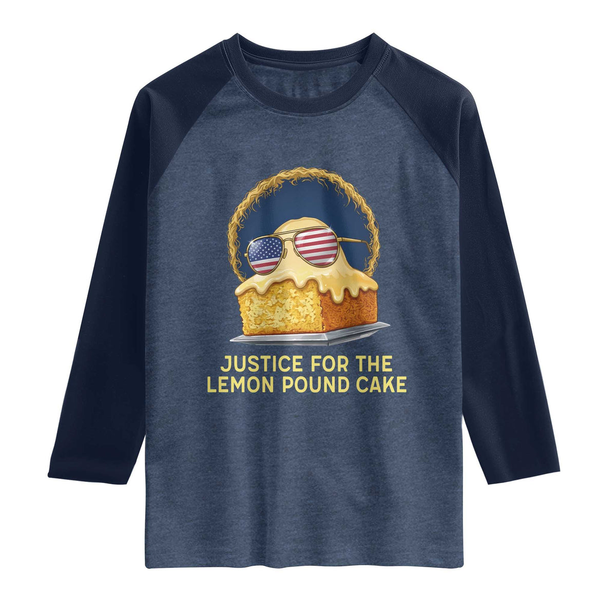 Justice for the Lemon Pound Cake Raglan Shirt Viral Meme Dessert Parody Retro Hip Hop Vibe TS02 Heather Denim Navy Print Your Wear