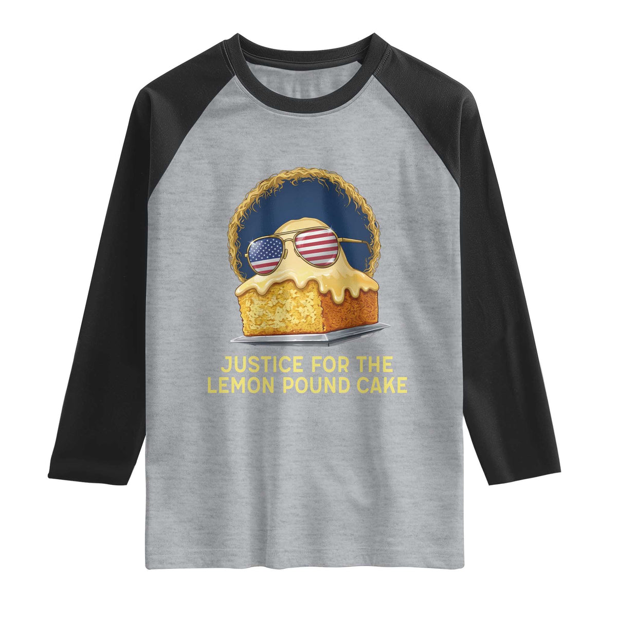 Justice for the Lemon Pound Cake Raglan Shirt Viral Meme Dessert Parody Retro Hip Hop Vibe TS02 Heather Gray Black Print Your Wear