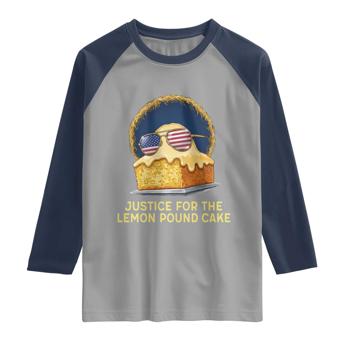 Justice for the Lemon Pound Cake Raglan Shirt Viral Meme Dessert Parody Retro Hip Hop Vibe TS02 Sport Gray Navy Print Your Wear