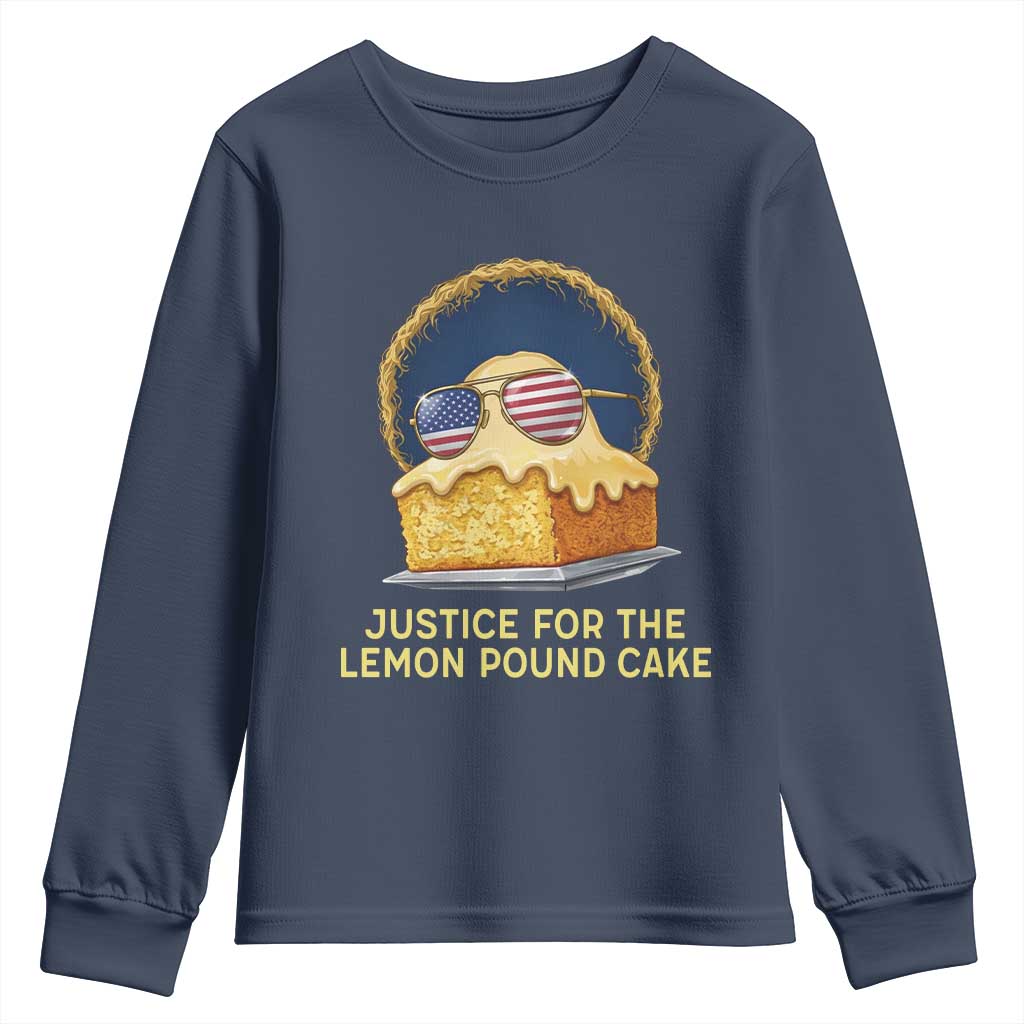 Justice for the Lemon Pound Cake Youth Sweatshirt Viral Meme Dessert Parody Retro Hip Hop Vibe TS02 Navy Print Your Wear