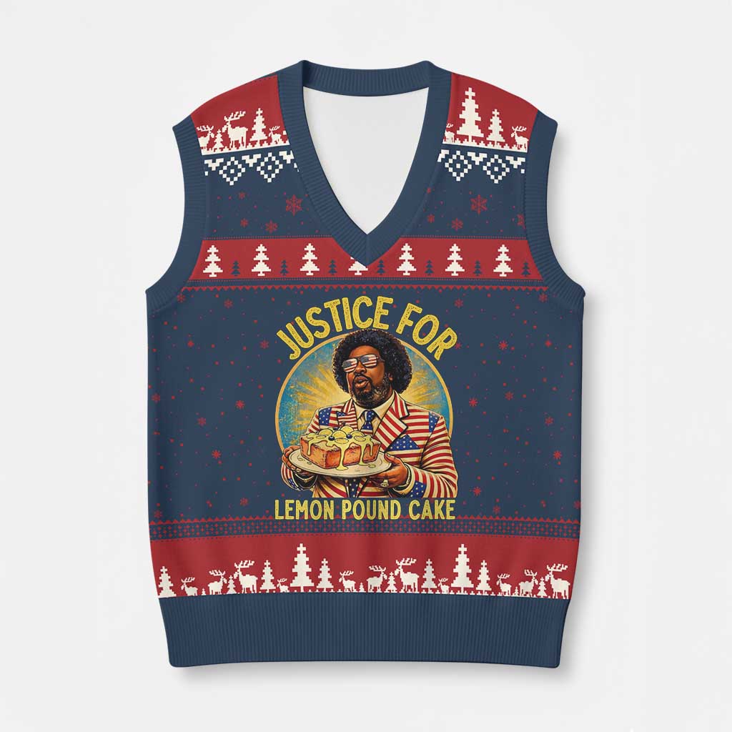 Justice for Lemon Pound Cake Patriotic Meme V-Neck Knit Sweater Vest Funny Viral Hip Hop Parody for Music Rap Fans TS02 Navy Red Print Your Wear