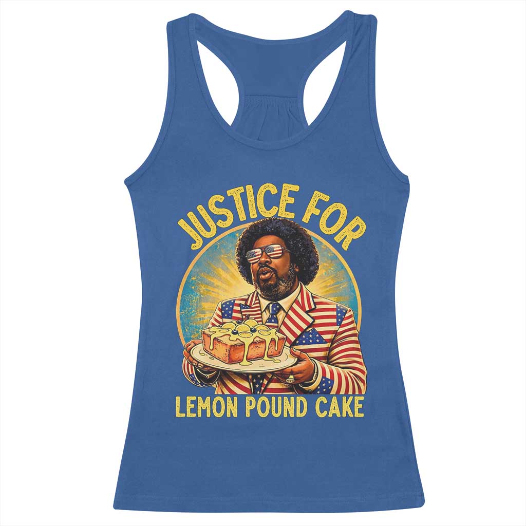 Justice for Lemon Pound Cake Patriotic Meme Racerback Tank Top Funny Viral Hip Hop Parody for Music Rap Fans TS02 Royal Blue Print Your Wear