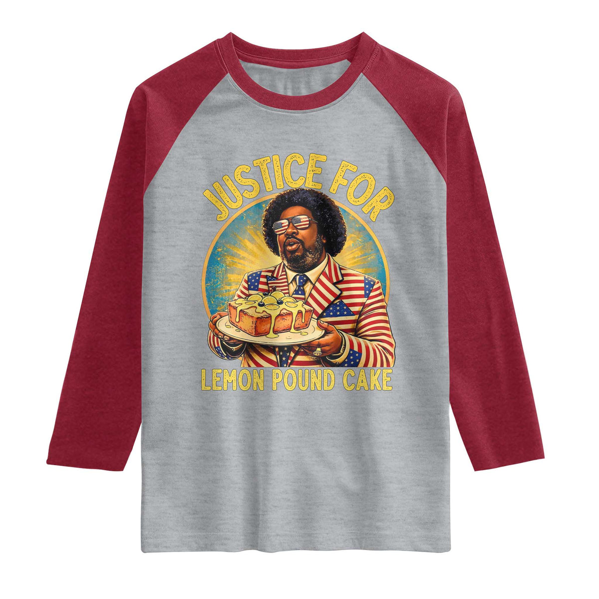 Justice for Lemon Pound Cake Patriotic Meme Raglan Shirt Funny Viral Hip Hop Parody for Music Rap Fans TS02 Heather Gray Heather Red Print Your Wear