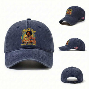 Justice for Lemon Pound Cake Patriotic Meme Washed Cotton Baseball Cap Funny Viral Hip Hop Parody for Music Rap Fans TS02 Washed Cap Universal Fit Navy Print Your Wear