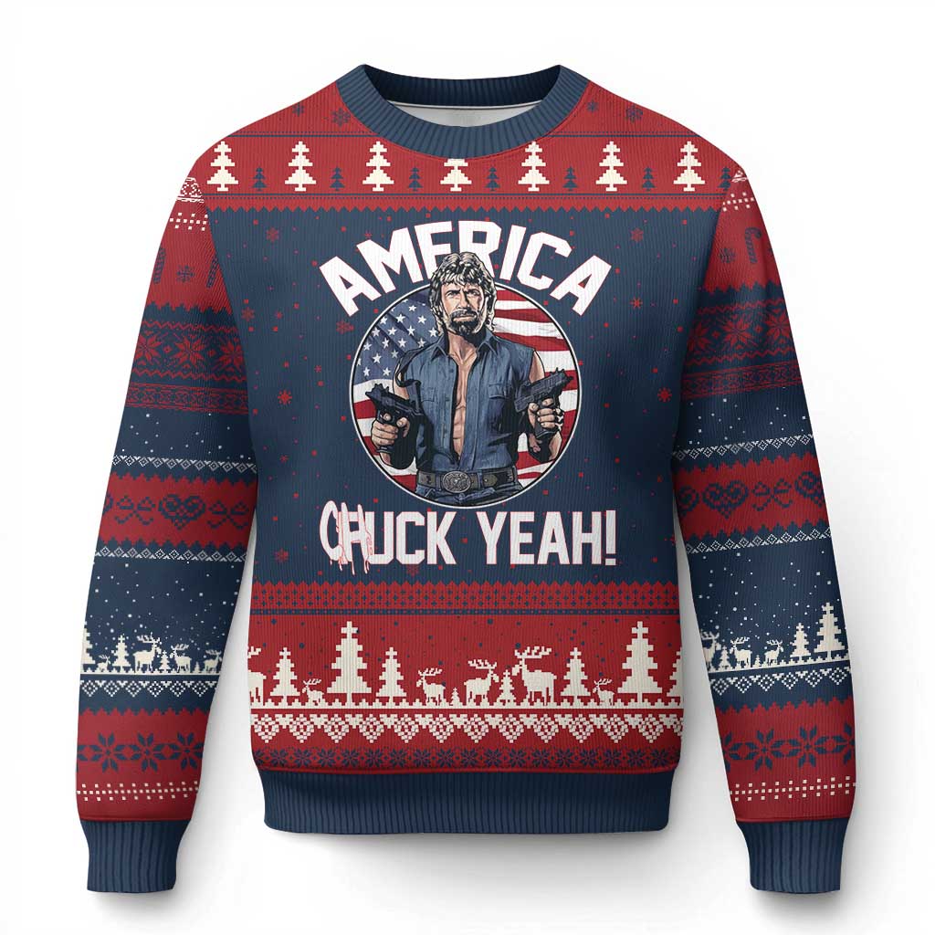 America Chuck Yeah Legendary Action Hero Ugly Christmas Sweater Patriotic USA Flag Tribute 4th of July Freedom Humor TS02 Navy Red Print Your Wear