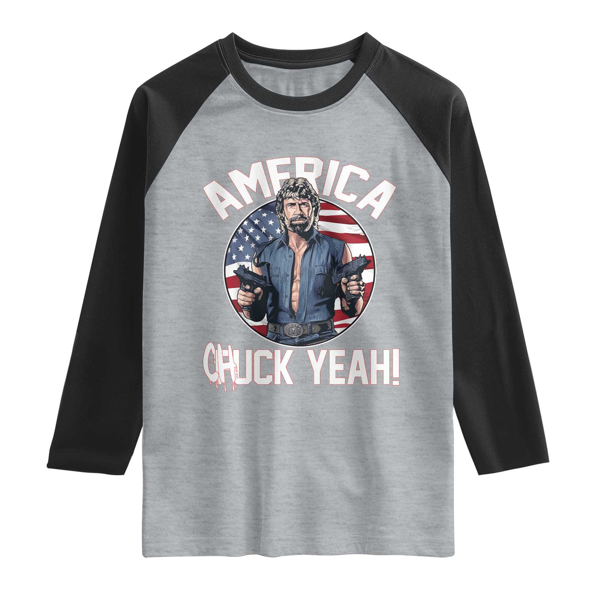 America Chuck Yeah Legendary Action Hero Raglan Shirt Patriotic USA Flag Tribute 4th of July Freedom Humor TS02 Heather Gray Black Print Your Wear