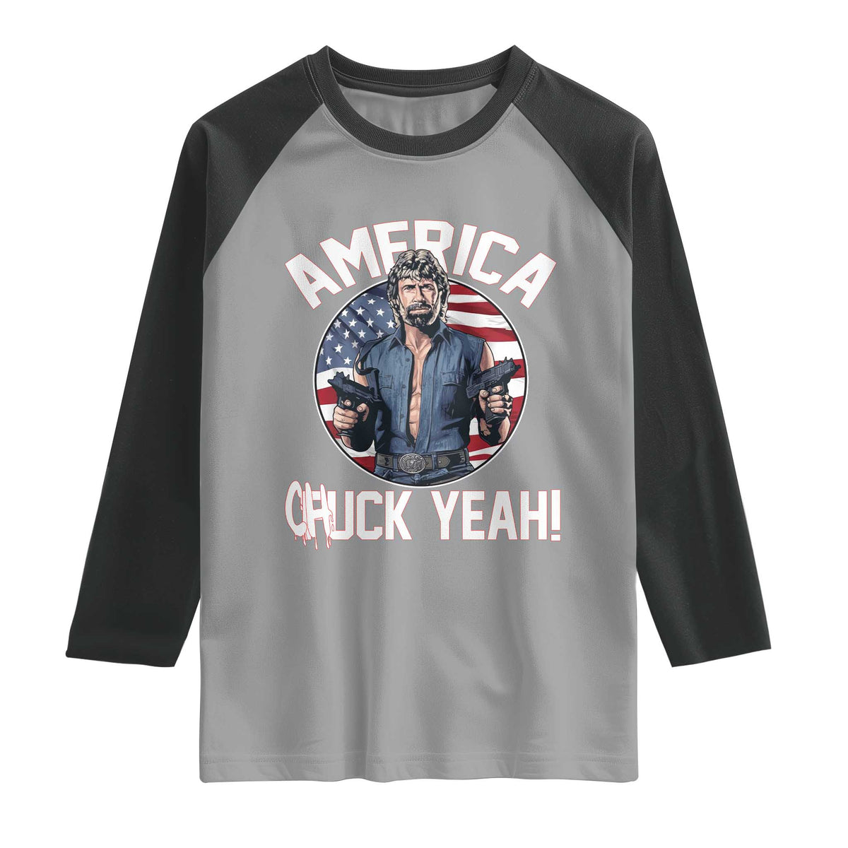 America Chuck Yeah Legendary Action Hero Raglan Shirt Patriotic USA Flag Tribute 4th of July Freedom Humor TS02 Sport Gray Black Print Your Wear