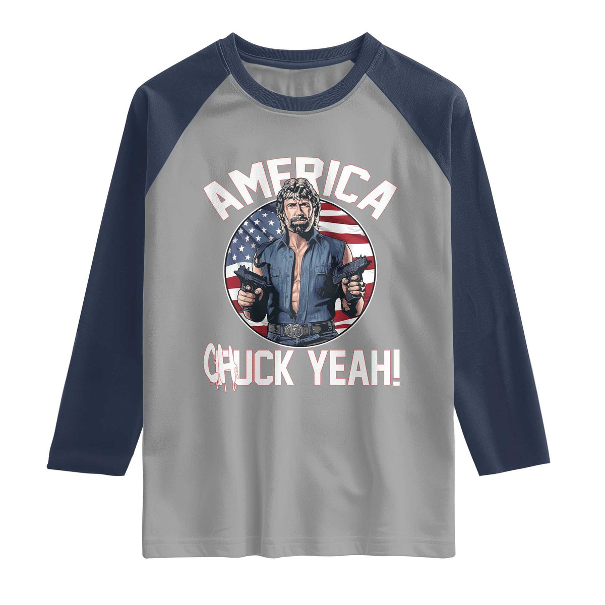 America Chuck Yeah Legendary Action Hero Raglan Shirt Patriotic USA Flag Tribute 4th of July Freedom Humor TS02 Sport Gray Navy Print Your Wear