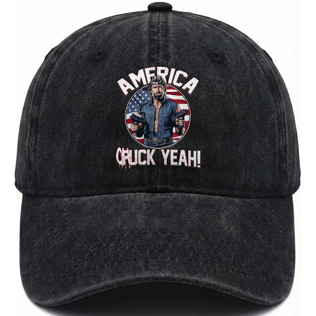America Chuck Yeah Legendary Action Hero Washed Cotton Baseball Cap Patriotic USA Flag Tribute 4th of July Freedom Humor TS02 Print Your Wear