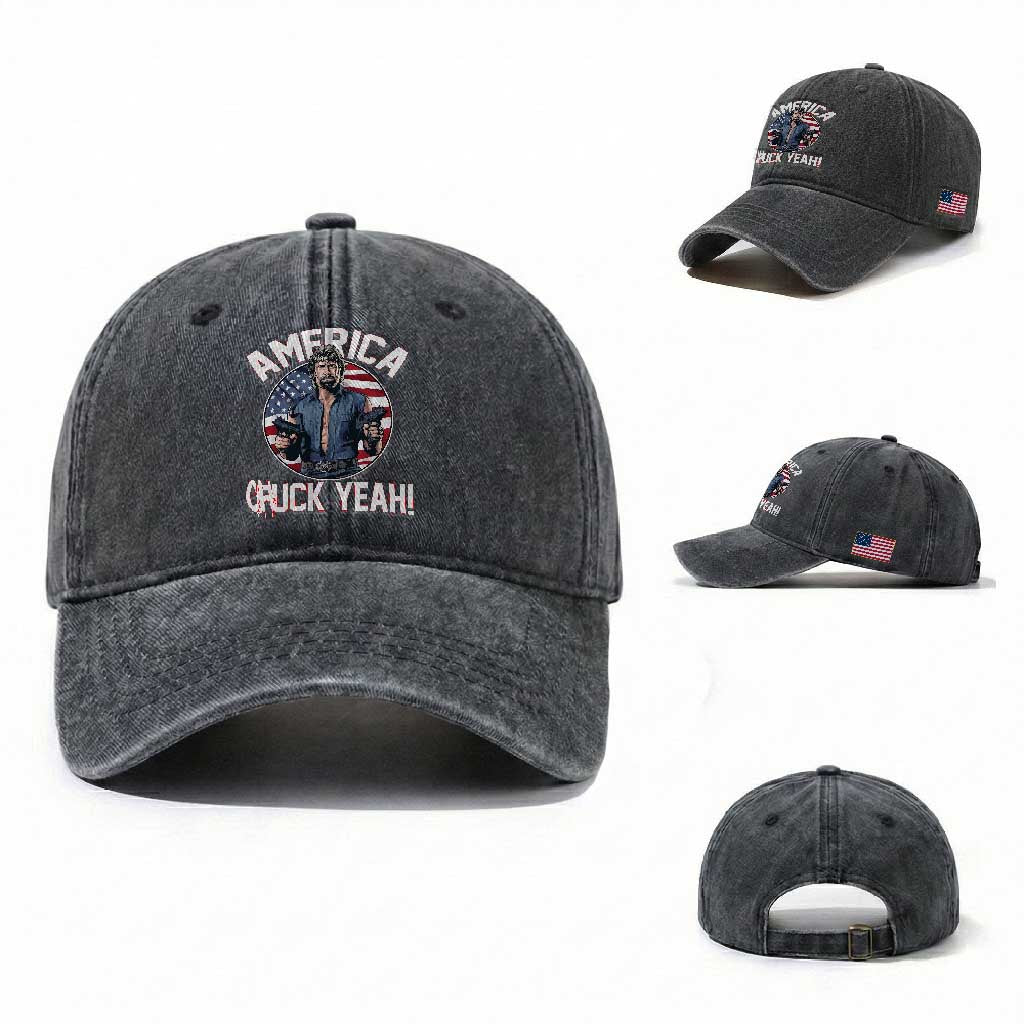 America Chuck Yeah Legendary Action Hero Washed Cotton Baseball Cap Patriotic USA Flag Tribute 4th of July Freedom Humor TS02 Washed Cap Universal Fit Dark Gray Print Your Wear