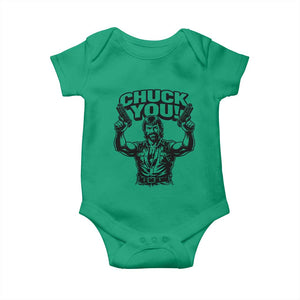 Chuck You Funny Action Legend Baby Onesie Tough Guy Meme Dual Guns Retro Humor for Patriotic Fans TS02 Irish Green Print Your Wear