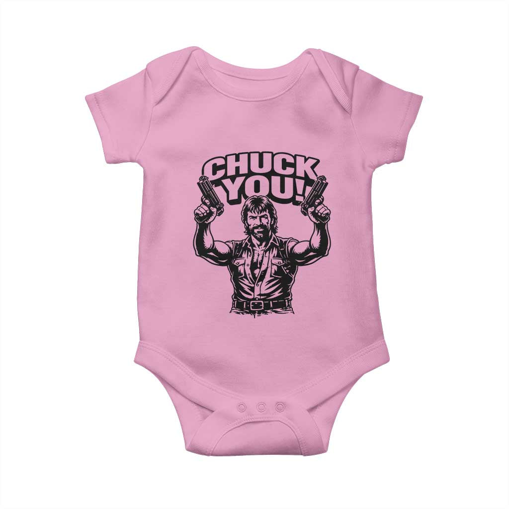 Chuck You Funny Action Legend Baby Onesie Tough Guy Meme Dual Guns Retro Humor for Patriotic Fans TS02 Light Pink Print Your Wear