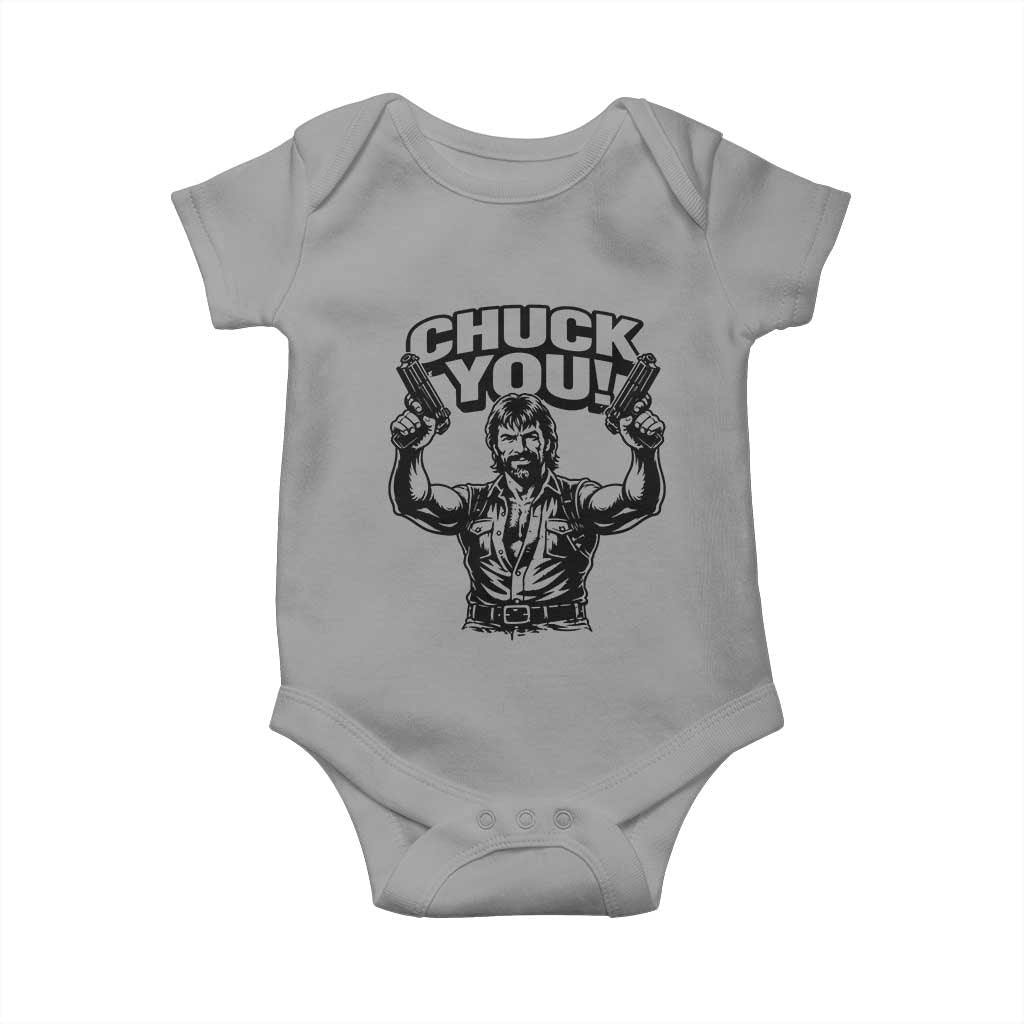 Chuck You Funny Action Legend Baby Onesie Tough Guy Meme Dual Guns Retro Humor for Patriotic Fans TS02 Sport Gray Print Your Wear