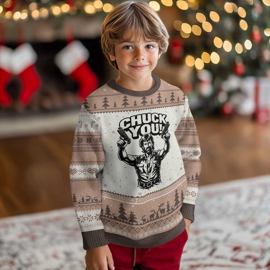 Chuck You Funny Action Legend Ugly Christmas Sweater Tough Guy Meme Dual Guns Retro Humor for Patriotic Fans TS02 Mocha Mousse Print Your Wear