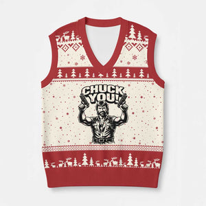 Chuck You Funny Action Legend V-Neck Knit Sweater Vest Tough Guy Meme Dual Guns Retro Humor for Patriotic Fans TS02 Beige Red Print Your Wear