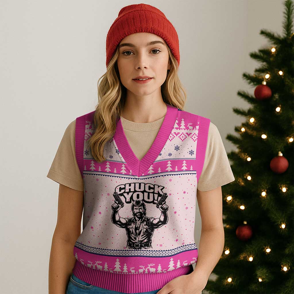 Chuck You Funny Action Legend V-Neck Knit Sweater Vest Tough Guy Meme Dual Guns Retro Humor for Patriotic Fans TS02 Hot Pink Print Your Wear