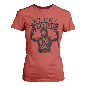 Chuck You Funny Action Legend T Shirt For Women Tough Guy Meme Dual Guns Retro Humor for Patriotic Fans TS02 Red Print Your Wear