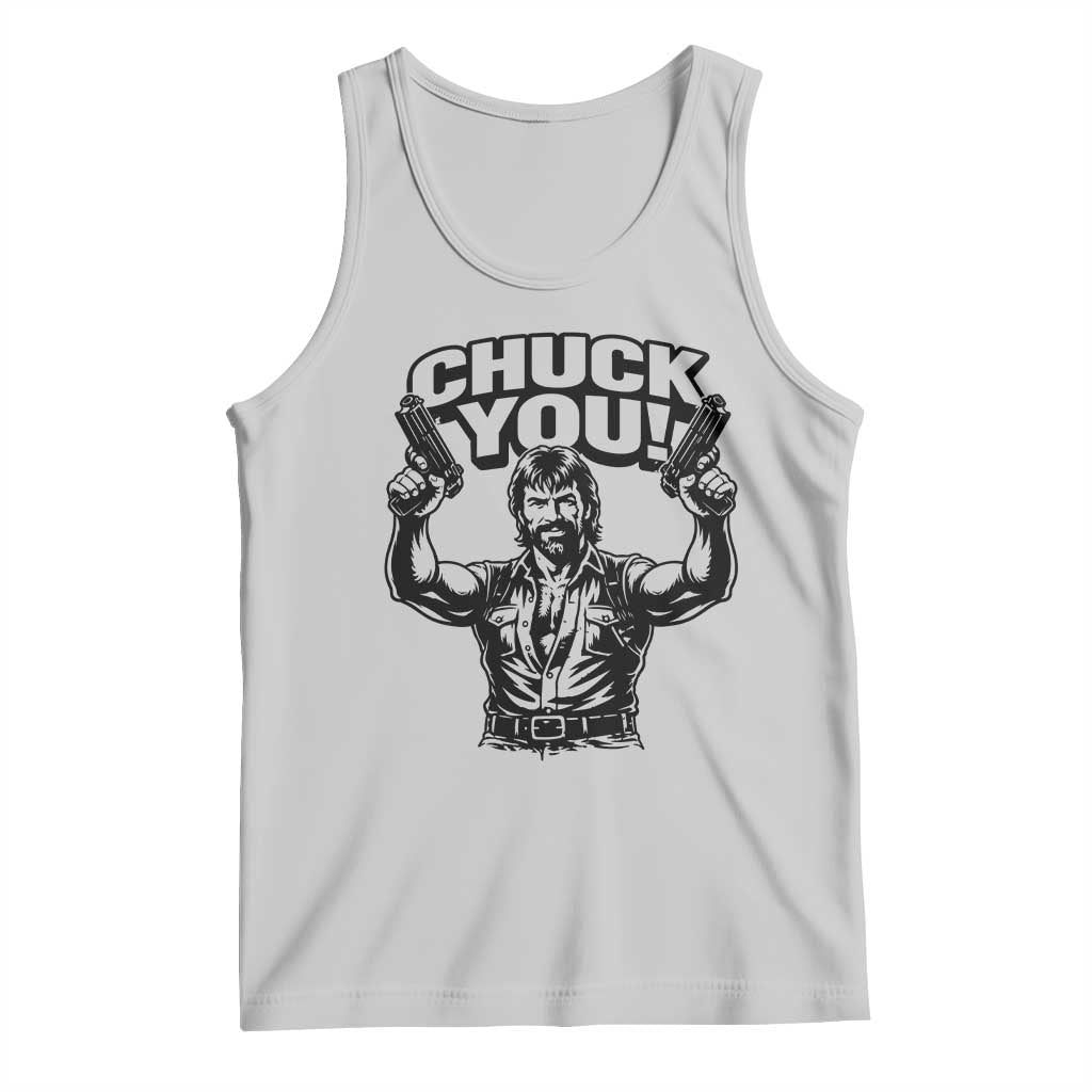 Chuck You Funny Action Legend Tank Top Tough Guy Meme Dual Guns Retro Humor for Patriotic Fans TS02 Ash Print Your Wear