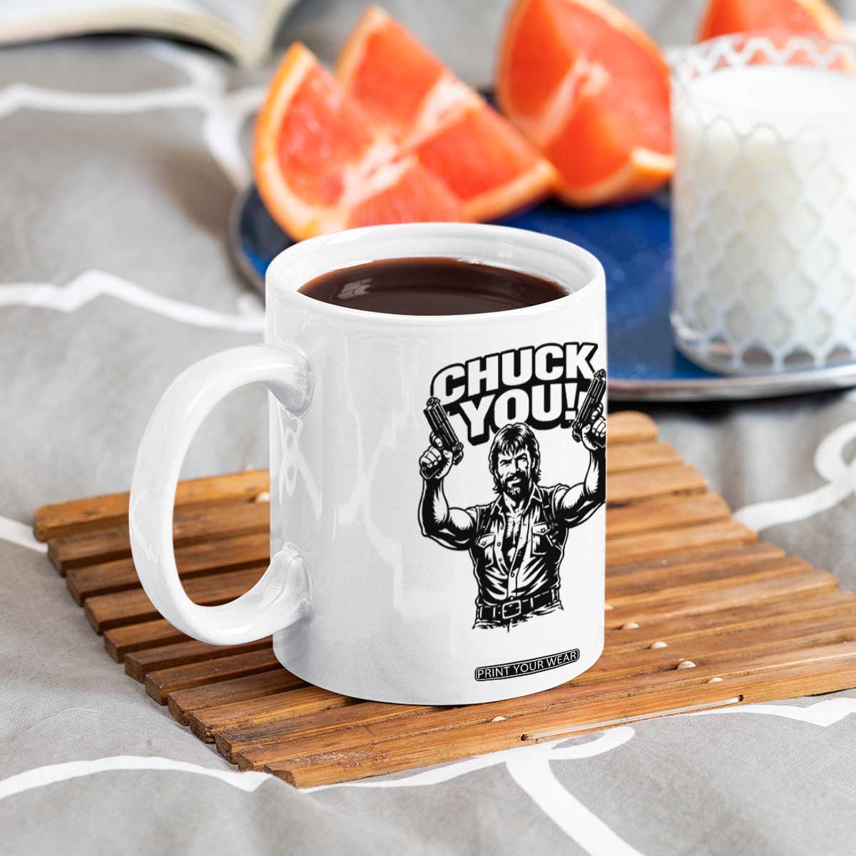 Chuck You Funny Action Legend Coffee Mug Tough Guy Meme Dual Guns Retro Humor for Patriotic Fans TS02 Print Your Wear
