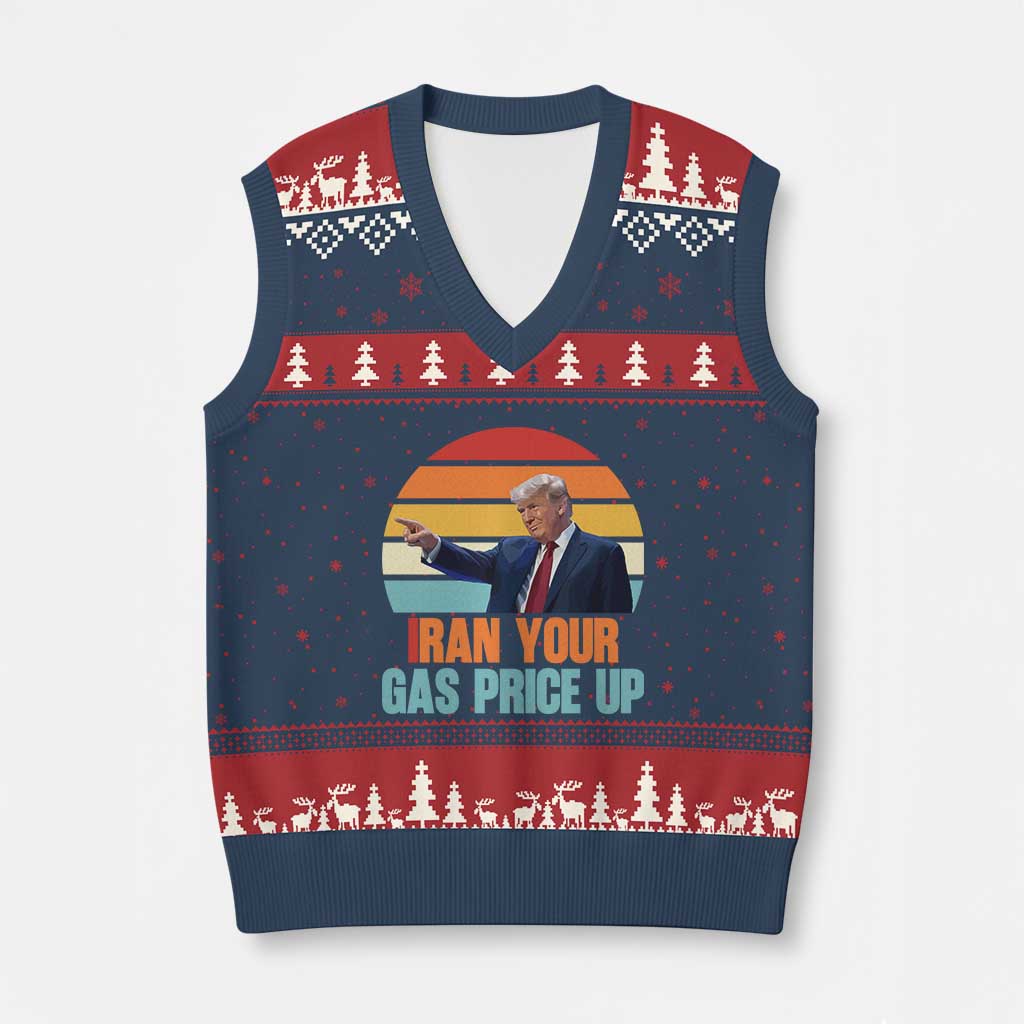 IRan Your Gas Price Up Funny Political Trump Meme V-Neck Knit Sweater Vest Retro Sunset Controversial Politics TS02 Navy Red Print Your Wear